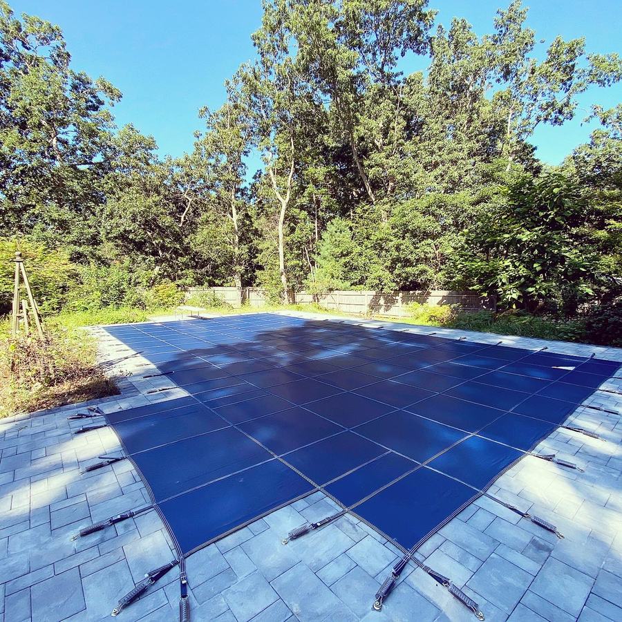 A blue mesh safety cover on a large freeform pool with a paver deck and tall pines.